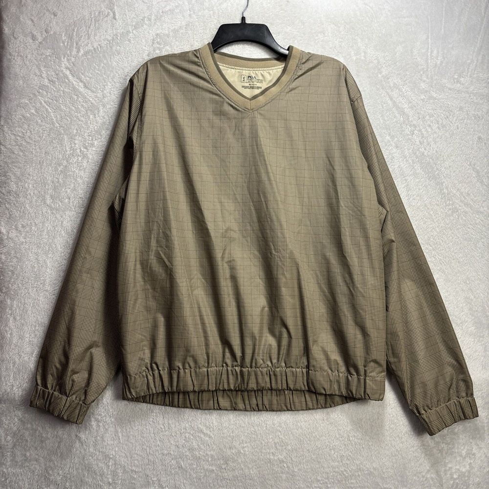 PGA Tour Men's Small V-Neck Sweatshirt Light Brown Plaid Polyester Pullover
